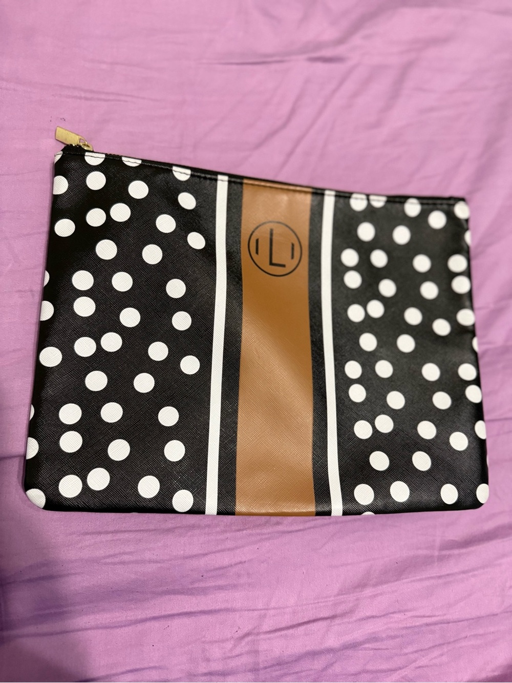 L Monogram Black & White Polka Dot Pouch with Brown Stripe